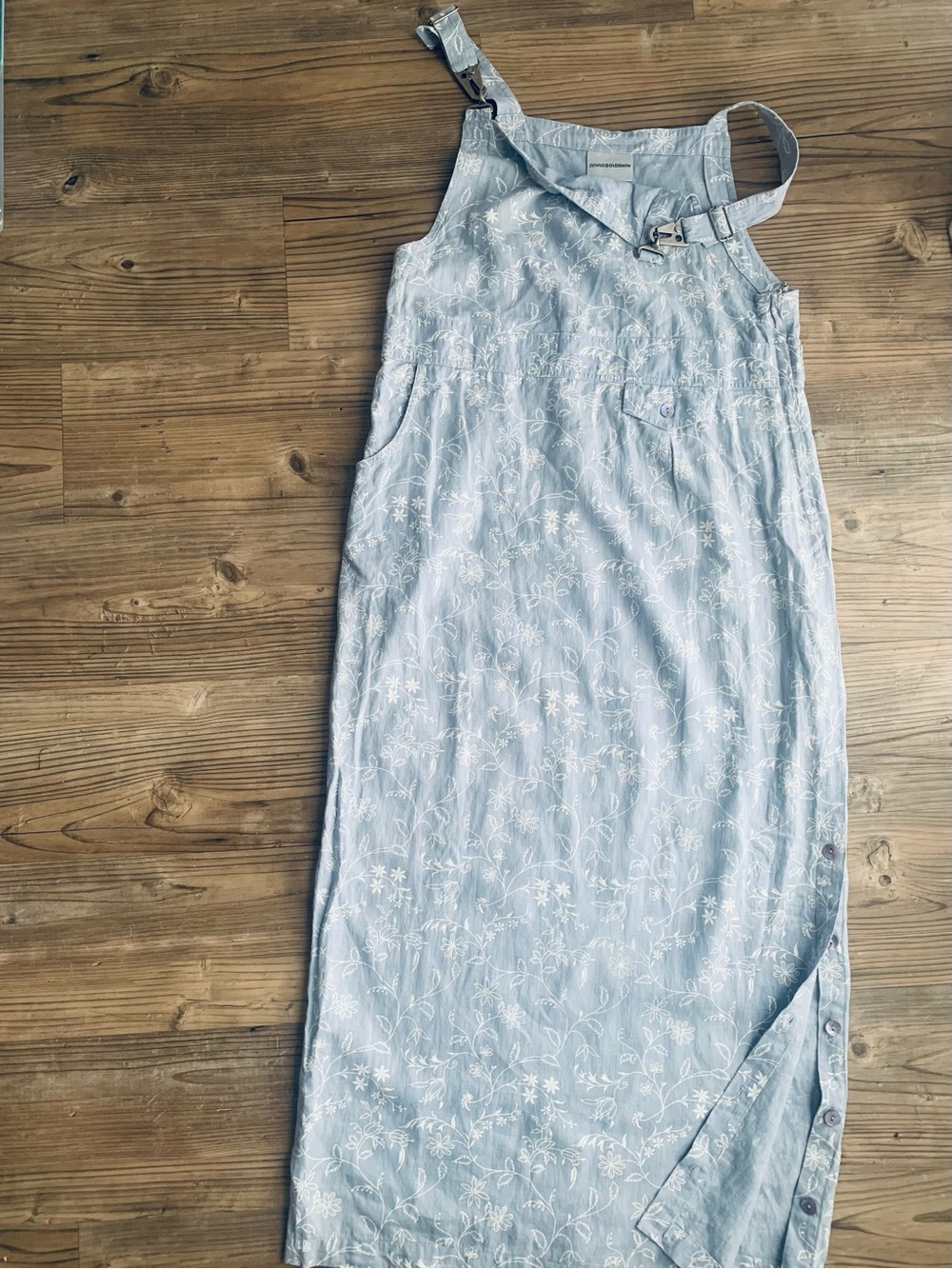 VTG Dennis Goldsmith 100% Linen Floral Overall Dress Pinafore Maxi Blue Sz 12